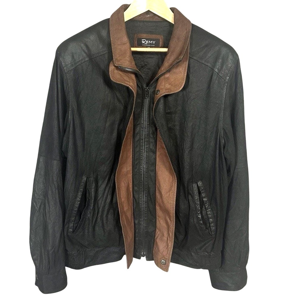 Vintage Remy Leather Bomber Jacket Mens L Black Brown USA Made 38 Large - Flaw